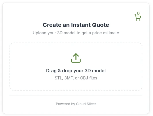 The instant quote upload box where you drag and drop your model.