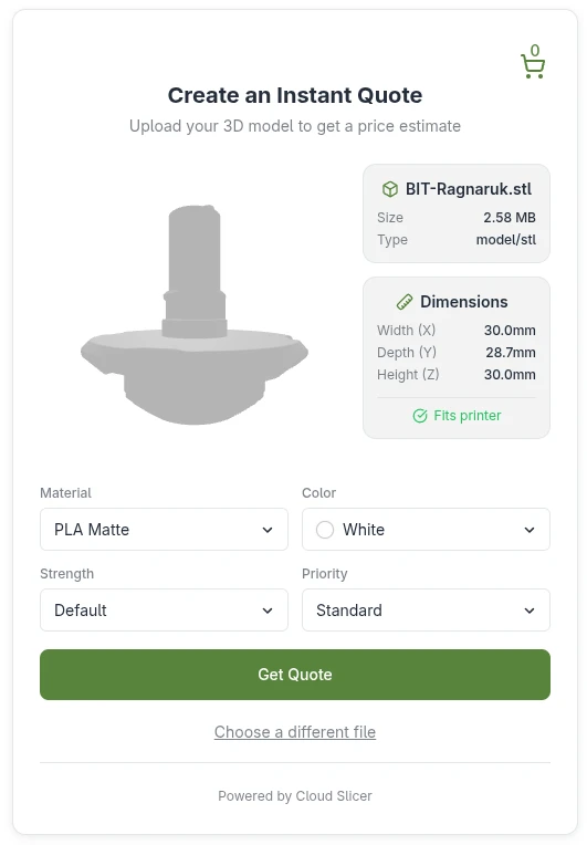 The model settings panel in the instant quote tool.