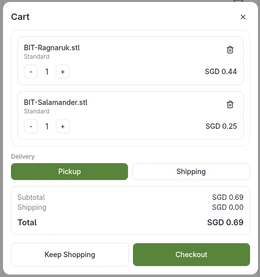 The cart screen with pickup and shipping options.