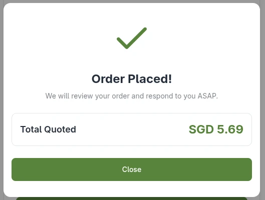 The order placed confirmation screen.