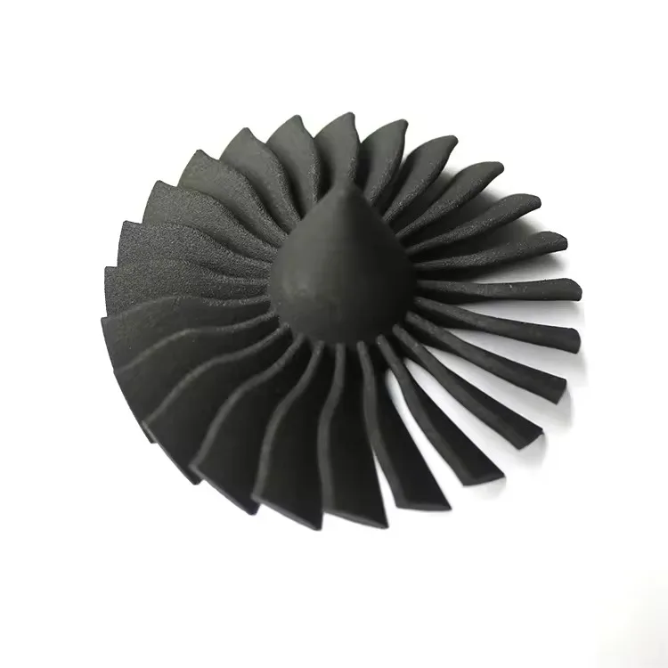 A black SLS nylon impeller with twenty curved blades around a cone hub.
